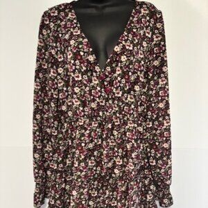 Allison & Kelly Dress XL Black Purple Floral V Neck Mini Bishop Cottagecore Boho